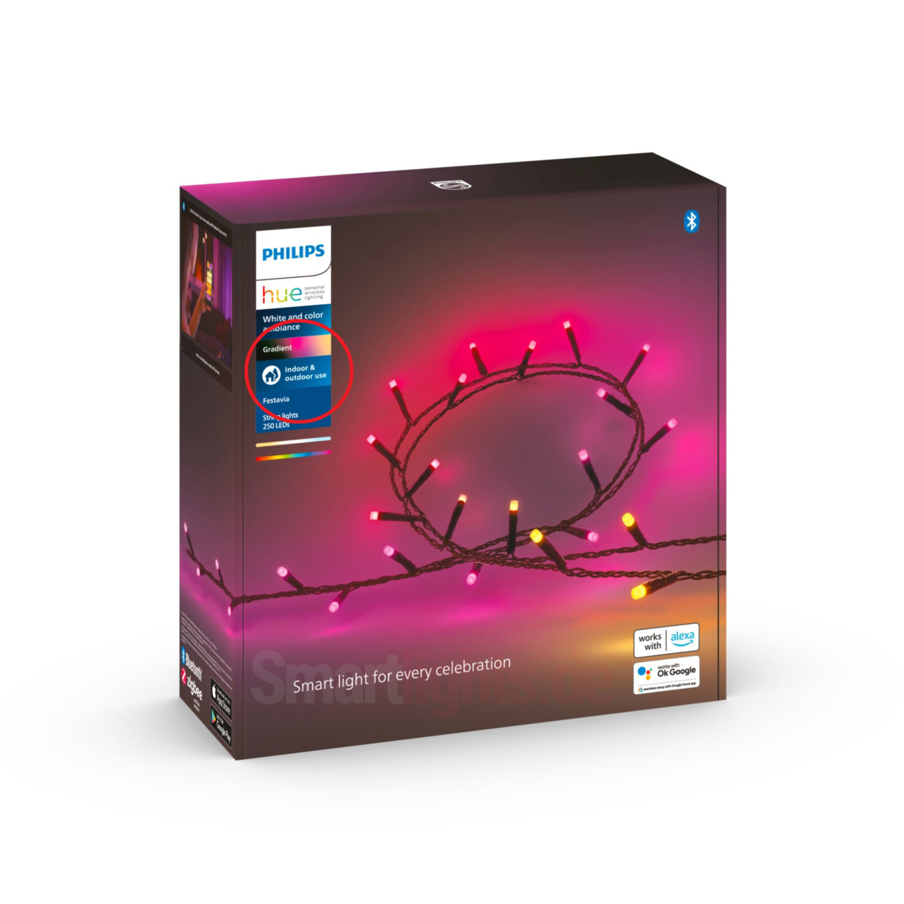 Für Außenbereich? Gelöschtes Philips Hue Festavia Produktbild zeigt den